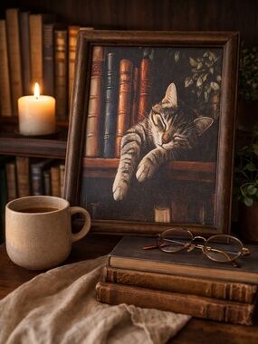 Charles Wysocki Sleeping Cat Framed Print Cottage Library Cat Art 9.5x11.5